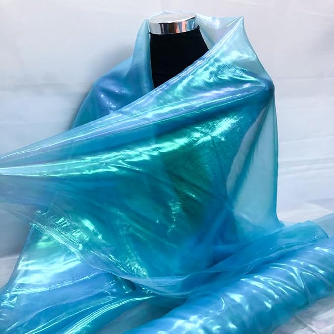 Sky Blue Iridescent Organza Fabric for Wedding & Halloween, 11 Yard Long, 59-Inch Wide, Perfect for DIY, Photography Scene Arrangement, and Personalized Clothing Production