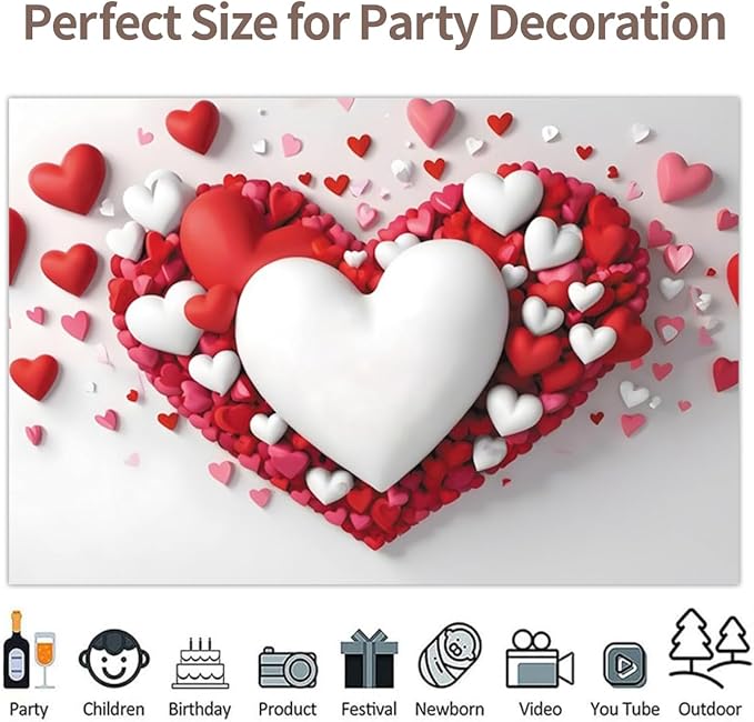 8x6ft Vinyl Red Heart Backdrop for Valentines Mother's Day Red and White Hearts Photo Background Holiday Party Decorations Engagement Bridal Backdrops