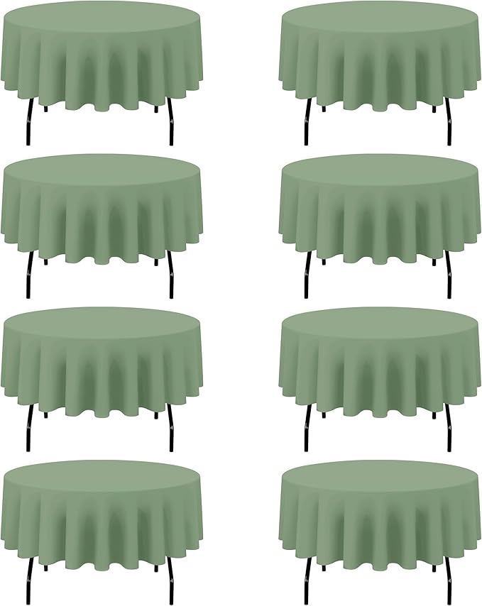 BRILLMAX 8 Pack Sage Green Round Tablecloths 90 Inch for 60” Tables - 150 GSM Polyester Fabric, 15" Standard Drop, Water, Stain & Wrinkle Resistant Cloth Cover for Wedding Reception Banquet Dining