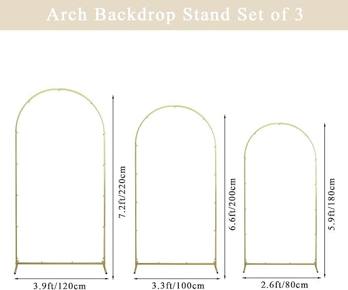 Gawicpy Wedding Arch Backdrop Stand Set Metal Arch Backdrop Stand with Wedding Arch Cover, Wedding Balloon Arch Backdrop Stand for Birthday, Baby Shower, Anniversary (Beige, 5.9FT+6.6FT+7.2FT)