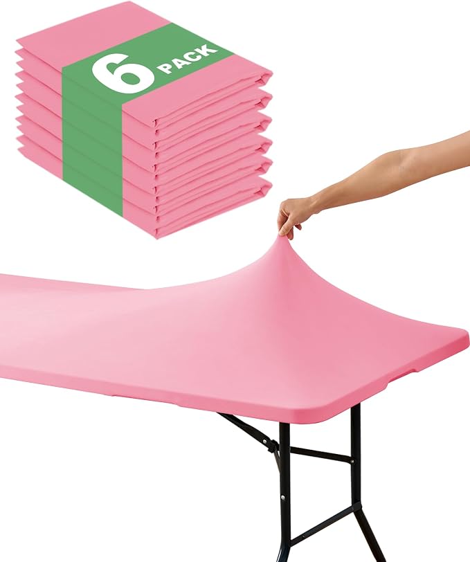 KeyWave Fitted Tablecloth Rectangle Table Cloths - 6 Pack 8 Foot Elastic Stretch Folding Table Top Cover Water-Resistant Reusable for Outdoor Picnic Camping Party Event, Dark Pink, 96" L x 30" W