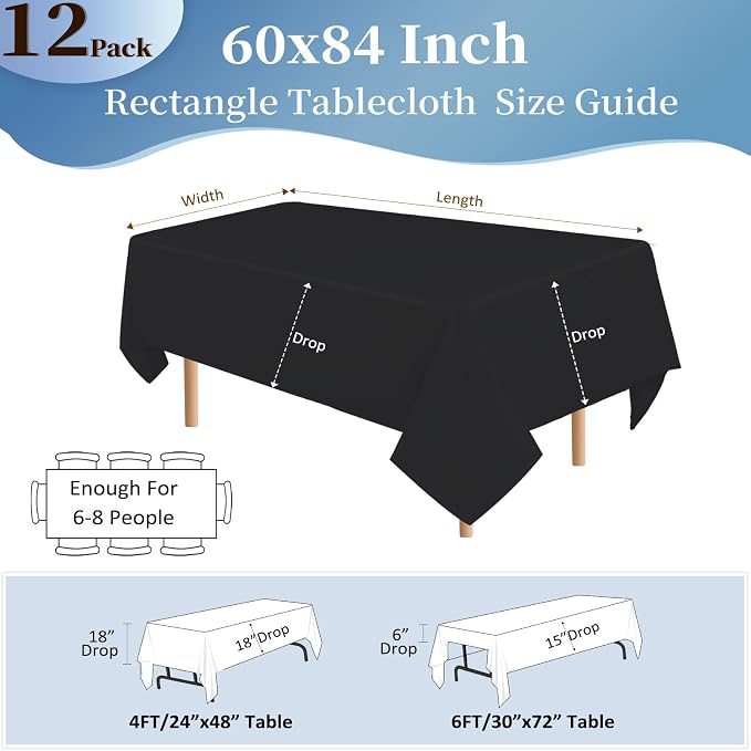 12 Pack Black Tablecloths 60x84 Inch Table Cloths for 6 Foot Rectangle Tables, Wrinkle Resistant Washable Rectangular Fabric Table Cover for Dining Wedding Banquet Camping Party