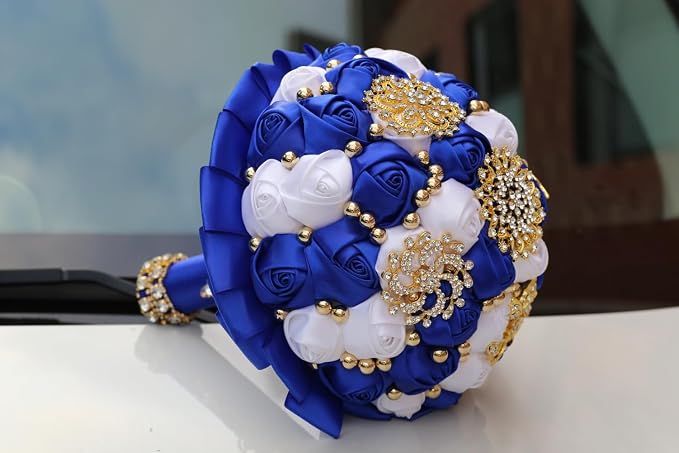 Royal Blue and White Bridal Wedding Bouquet with Gold Brooch Rhinestone Pearl Satin Rose Flower Bouquet for Bride Bridesmaid Quinceanera Wedding Royal Blue and White 9.5in