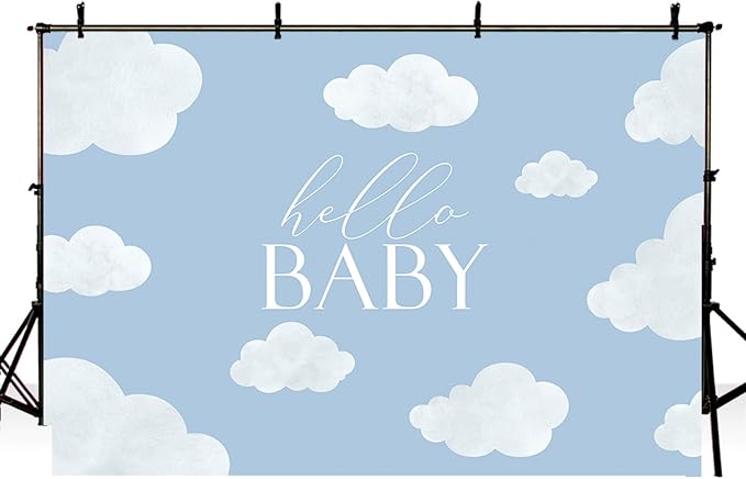 MEHOFOND Hello Baby Baby Shower Backdrop Blue Baby Birthday Party Decorations Backdrop Blue Sky White Cloud Baby Shower Party Decorations Cake Table Banner Supplies Photo Studio Props(7x5ft)