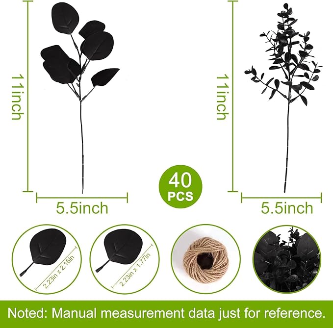 ZeKonan 40 Pcs Artificial Black Eucalyptus Stems, Fake Eucalyptus Leaves Branches Bouquet for Flower Arrangement DIY, Black Silk Flowers for Home Halloween Farmhouse Decor