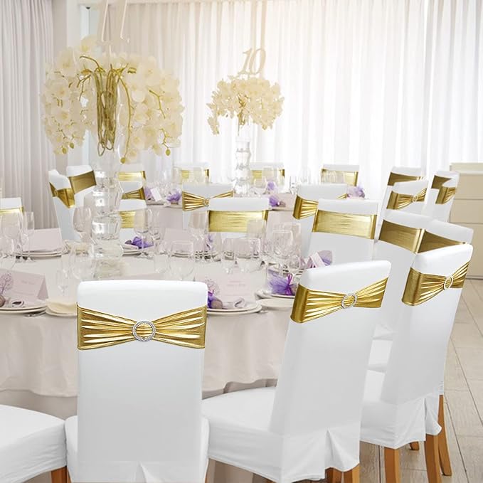 Spandex Chair Sashes Bows - Babenest 30PCS Premium Stretch Chair Cover Band with Buckle Slider Universal Elastic Chair Ties for Wedding Party Ceremony Reception Banquet Decoration (Metallic Gold)
