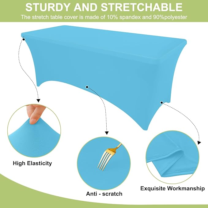 Moosfor Spandex Elastic Fitted 6FT Rectangle Tablecloth 6 Pack, Stretch Washable Reusable Table Cover for Outdoor Picnic, Dining, Wedding, Banquet & Party Events (Blue Mist, 72Lx30Wx30H Inch)