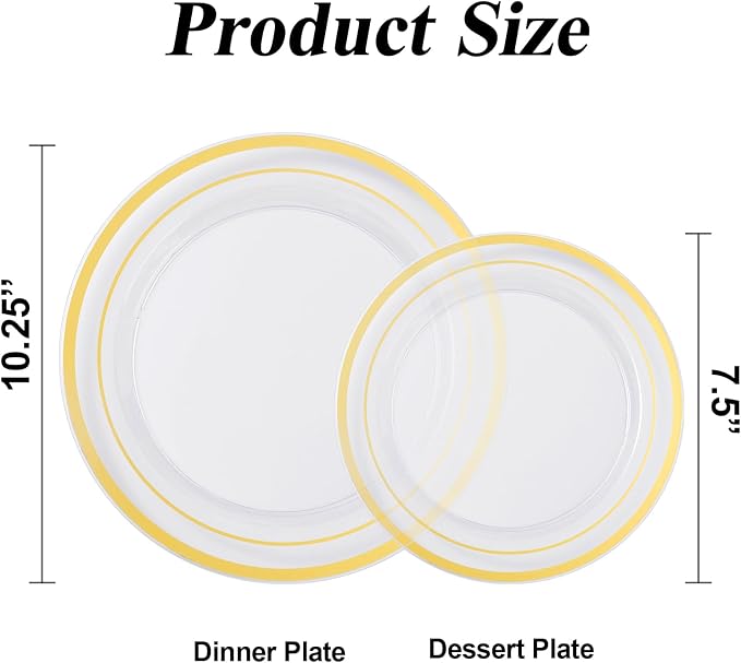 BESTSTAR 200PCS Clear Gold Plastic Plates Set, 100 10.25 inch Dinner Plates and 100 7.5 inch Dessert Plates, Disposable Plates for Party, Wedding