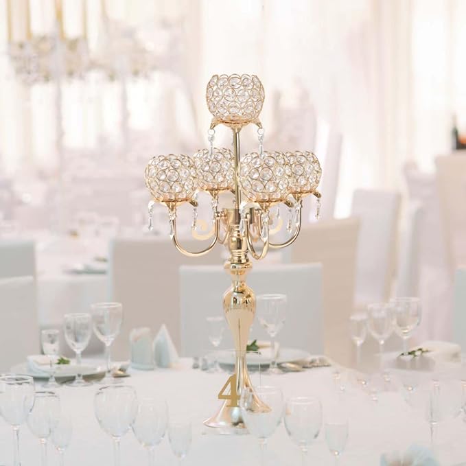 Set of 4 Candlesticks 5 Arm Crystal Strap Pendant Gold Table Decor Candelabra, 22.5 inches Elegant Dining Room Centerpieces for Holiday Parties Weddings (4, Gold)