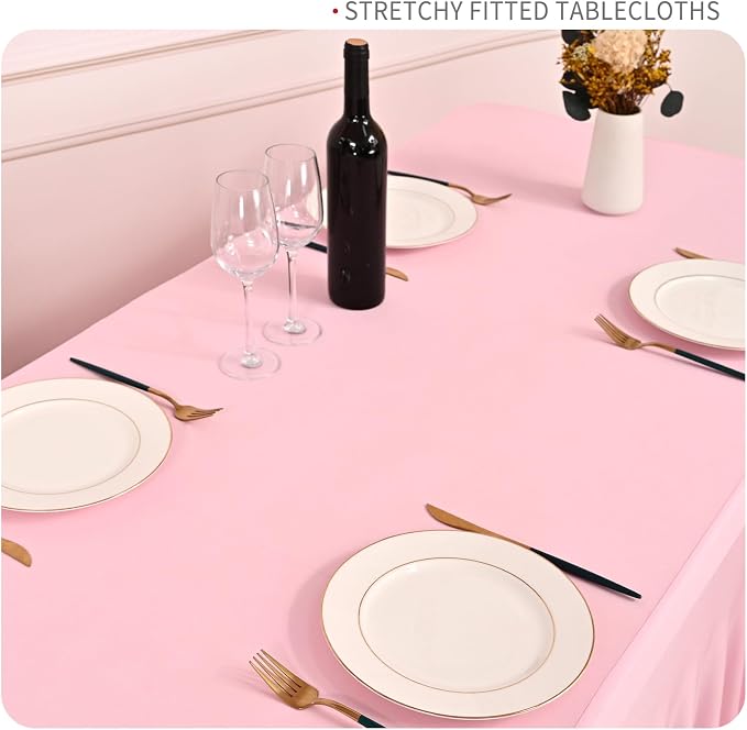 fani 2 Packs Pink Stretch Table Skirts for 6 Foot Rectangle Table, Washable Spandex Stretch Tablecloths with Skirt, Wrinkle Resistant Fitted Tablecover for Wedding Party Banquet