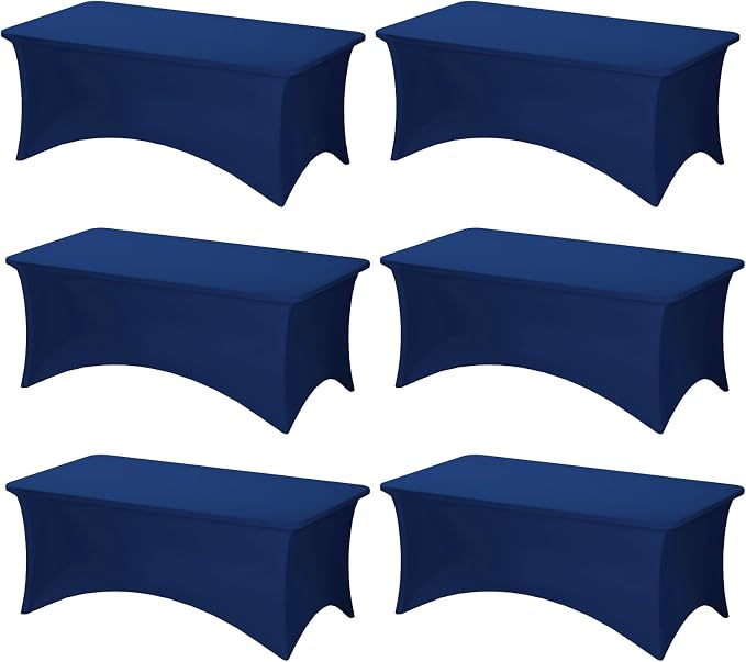 Fixwal 6 Pack 6Ft Navy Blue Table Cover, Spandex Fitted Tablecloths Rectangle, Wrinkle-Free and Stretch Folding Table Cloth for Banquet, Party, Trade Show, Graduation