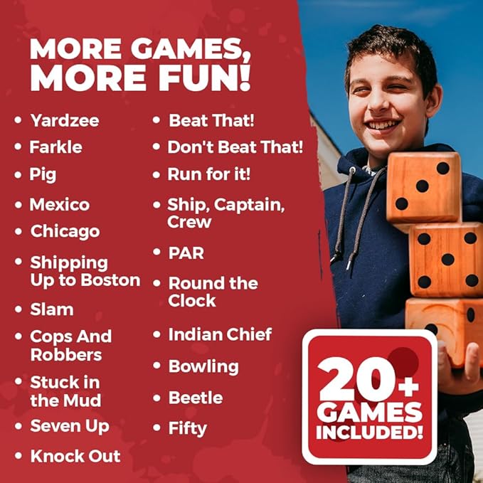 SWOOC Games - Yardzee, Farkle & 20+ Games - Classic Red Shaker Edition (All Weather) - Yard Dice Game Set with Red Collapsible Bucket, Lid, 5 Big Laminated Score Cards & Marker - Outdoor Yard Game
