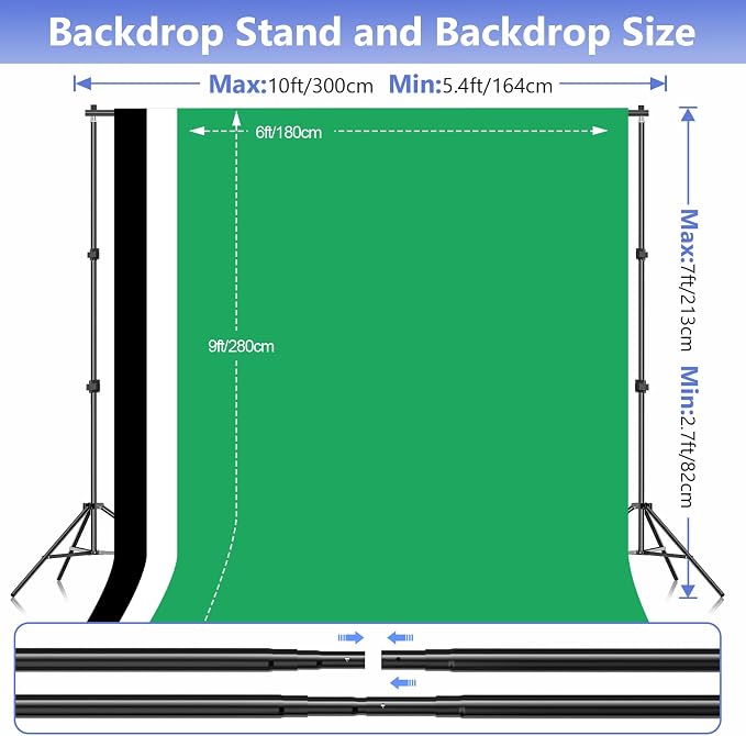 EMART Photo Video Studio Backdrop Stand Kit, 7×10ft Adjustable Photography Support System with Polyester Background(Black/White/Green Screen), Spring Clamps and Carry Bag for Photoshoot