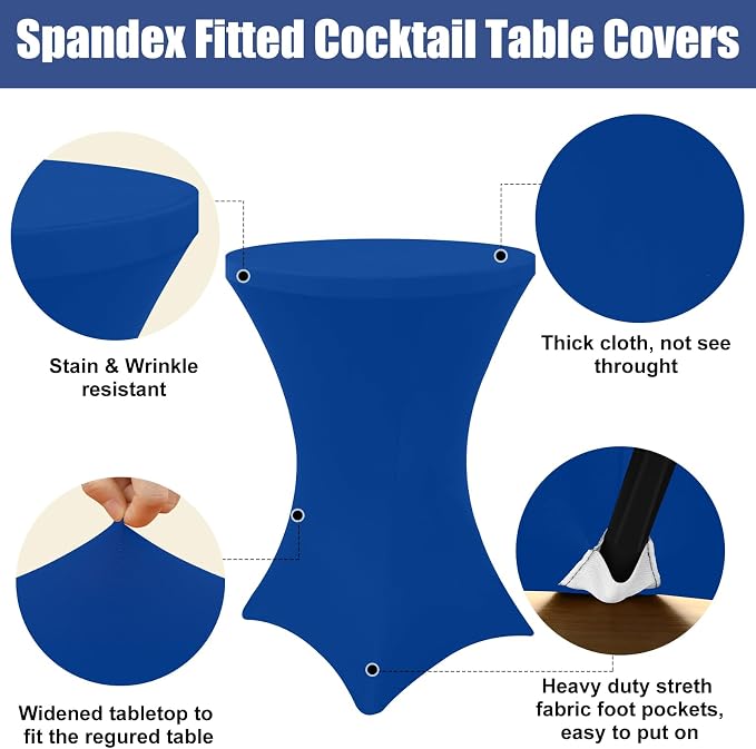 Moosfor Spandex Cocktail Table Covers 4 Pack, Elastic Fitted Stretch Table Cloth, Round High Top Tablecloths for Bar, Party, Pub, Wedding & Banquet (Blue, 32x43 Inch)