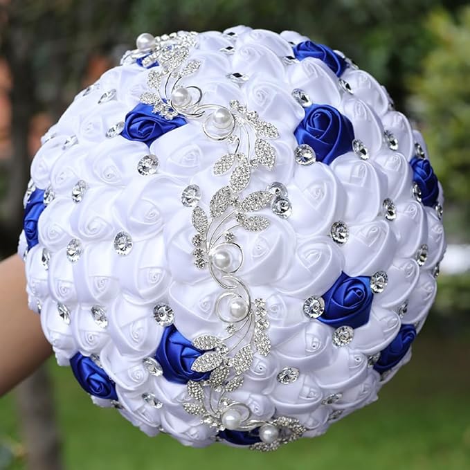 Bridal Wedding Bouquet with Silver Rhinestone Brooch Bouquet for Bride Bridesmaid Quinceanera Satin Rose Flower Bouquet Wedding Royal Blue and White 9.5in
