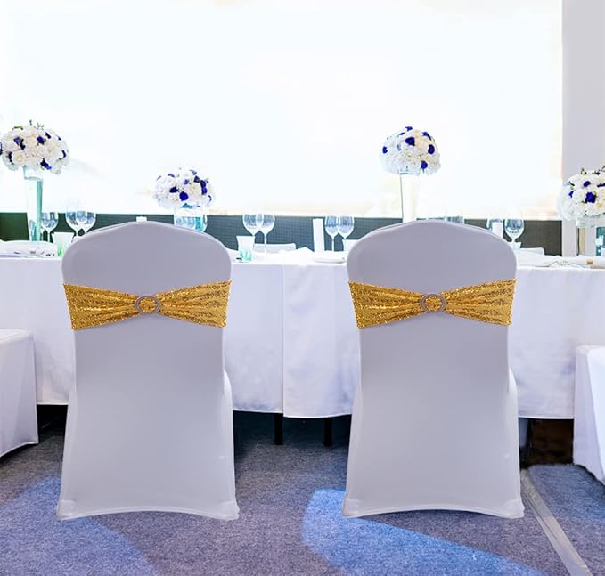 Sequin Gold Chair Sashes 50 Pack Glitter Gold Chair Bows Bands with Buckle for Wedding Birthday Party Bridal Shower Anniversary Engagement Christmas Events Decorations