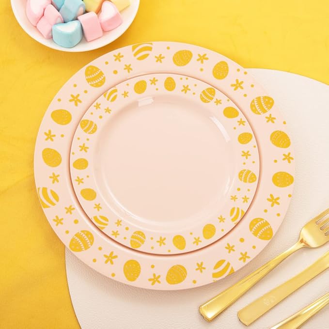 U-QE 25 Guests Plastic Easter Plates and Napkins - Pink and Gold Easter Party Supplies Include 25 Guests Dinner and Dessert Plates, 25Forks, 25Knives, 25Spoons, 25Cups, 25Napkins-Features of Gold Egg