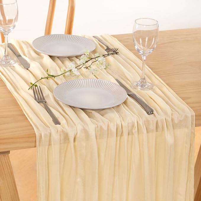 MLMC 8 Pack Beige Cheesecloth Table Runner 10ft Cream Rustic Gauze Cheese Cloth Table Runner 35x120 Inches for Wedding Baby Bridal Shower Boho Home Decor