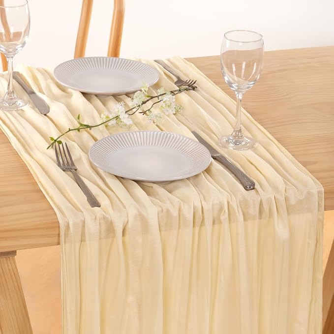 MLMC 6 Pack Beige Cheesecloth Table Runner 10ft Rustic Boho Gauze Cream Table Runner Bulk Decor 65x120 Inches for Wedding Bridal Baby Shower Party Decor