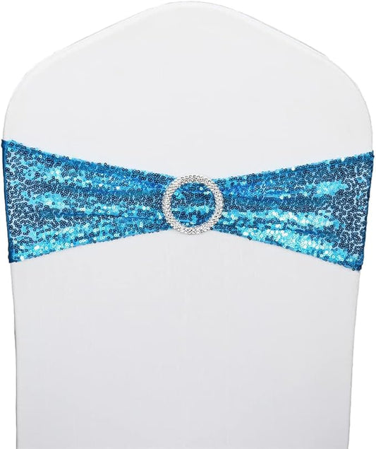 NC Sequin Chair Sashes Spandex, Pack of 50 Stretchable Chair Bands with Buckle for Wedding, Party, Event & Celebration Decorations (Azure, 50pcs)