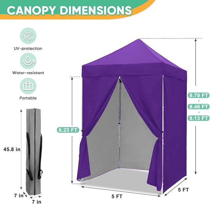 5x5 Pop Up Canopy Tent with Four Sidewalls, Instant Portable Beach Canopy, Outdoor Tent with Carry Bag for Camping, Sports, Tailgating, Events, Purple