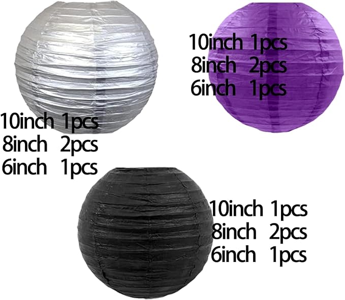 CC wonderland zone 12pcs Black Silver and Purple Paper Lanterns,Hanging Paper Lanterns for Wednesday Birthday Party Decorations