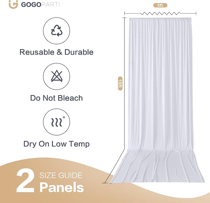10x16ft White Backdrop Curtains for Wedding Party, 2 Panels 16 ft Long Back Drop Cloth, Wrinkle-Free Polyester Drapes for Birthday, Baby Shower, Stage Photography Background