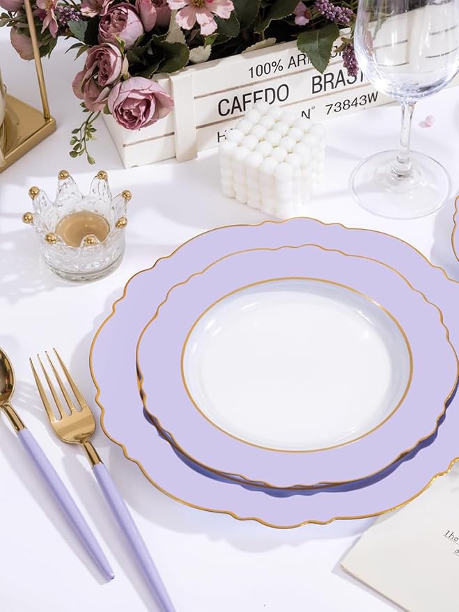 WDF 60pcs Clear Purple Plates Disposable with Gold Rim - Baroque Lavender Purple Plastic Plates for Party/Wedding/Spring Picnic/Mother's Day