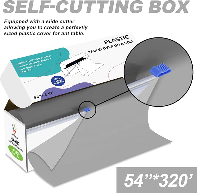 54IN X 320FT Plastic Table Cover Roll with Cutter Box, Cut to Size Plastic Table Cloths for Parties, Birthday, Disposable Tablecloth Roll for All Shape Tables (Silver Grey, 54 Inch X 320 Feet)