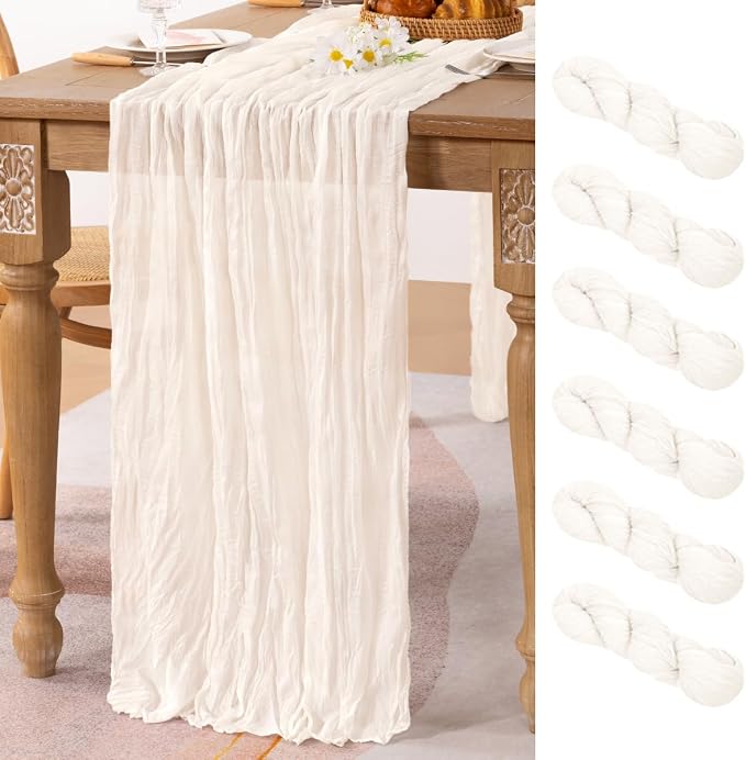 MLMC 6 Pack Ivory White Table Runner Rustic Gauze Cheesecloth Table Runner 10ft Cheese Cloth Centerpiece Decor 65x120 Inches for Wedding Dessert Anniversary Bridal Baby Shower Decor