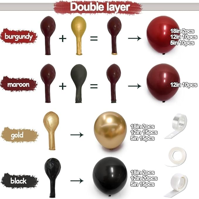 Burgundy Black Gold Balloon Garland Double Stuffed Dark Red Gold Maroon Black Balloon Arch Kit for Birthday Graduation Anniversary Prom Party Decoration
