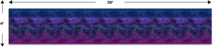 Beistle Flying Saucer Whirls & Galaxy Backdrop Set – 12 UFO Hanging Swirl Decorations and 4' x 30' Space Scene Backdrop for Alien, Outer Space, Sci-Fi & Cosmic Themed Birthday Parties and Celebrations