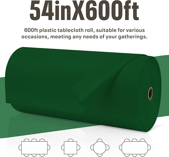 54IN X 600FT Plastic Table Cover Roll, Plastic Table Cloths for Parties, Birthday, Weddings, Banquet,Disposable Tablecloth Roll for All Shape Tables,Party Supplies(Green, 54 Inch X 600 Feet)