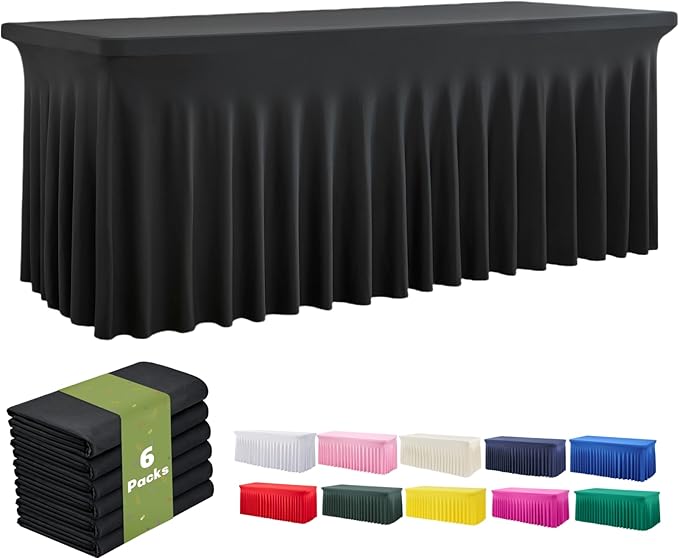 leegleri 6 Pack Black Spandex Tablecloths for 8 Foot Rectangle Tables, Wrinkle Free Fitted Table Cloths 8ft Stretchy Table Cloth Cover with Skirt for Parties Weddings Birthday Banquet Baby Shower