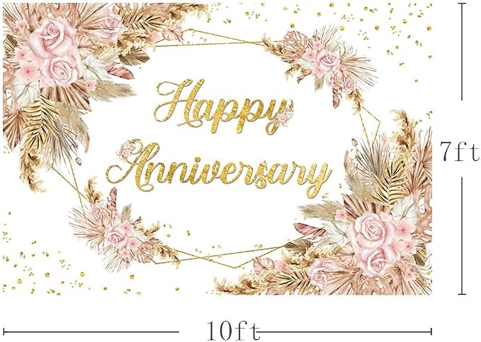 MEHOFOND 10x7ft Boho Happy Anniversary Backdrop Pampas Grass Engagement Banner Bohemia Couple Love Cheers Years 50th Wedding Birthday Party Decorations Blush Pink Floral Photography Background