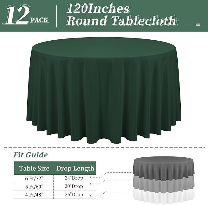 12 Pack Round Tablecloth 120 Inch - Hunter Green Polyester TableCloth for Round Table, Premium Hunter Green Tableclothes Washable Fabric Table Cover for Wedding Party Banquet Restaurant Reception