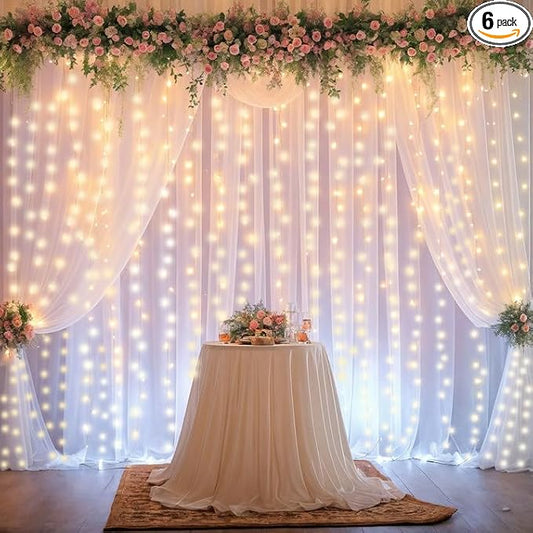 6 Panels White Sheer Tulle Backdrop Curtains with Lights String for Party Wedding Wrinkle Free Curtain Backdrops Drapes for Baby Shower Birthday Photo Back Drop Background Home Decorations 30ft x 8ft