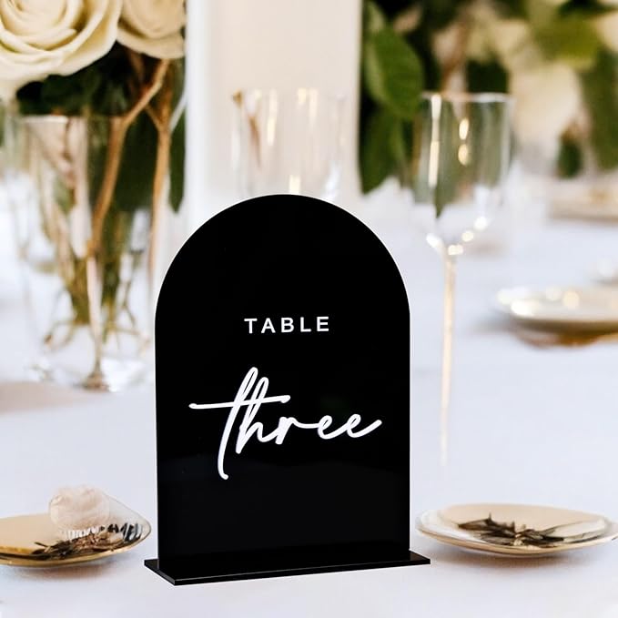 Black Arched Wedding Table Numbers 1-15 with Stands, 5x7 Inch Acrylic Arch Sign with Raised White Numbers, 3D Arched Acrylic Table Numbers for Wedding Reception