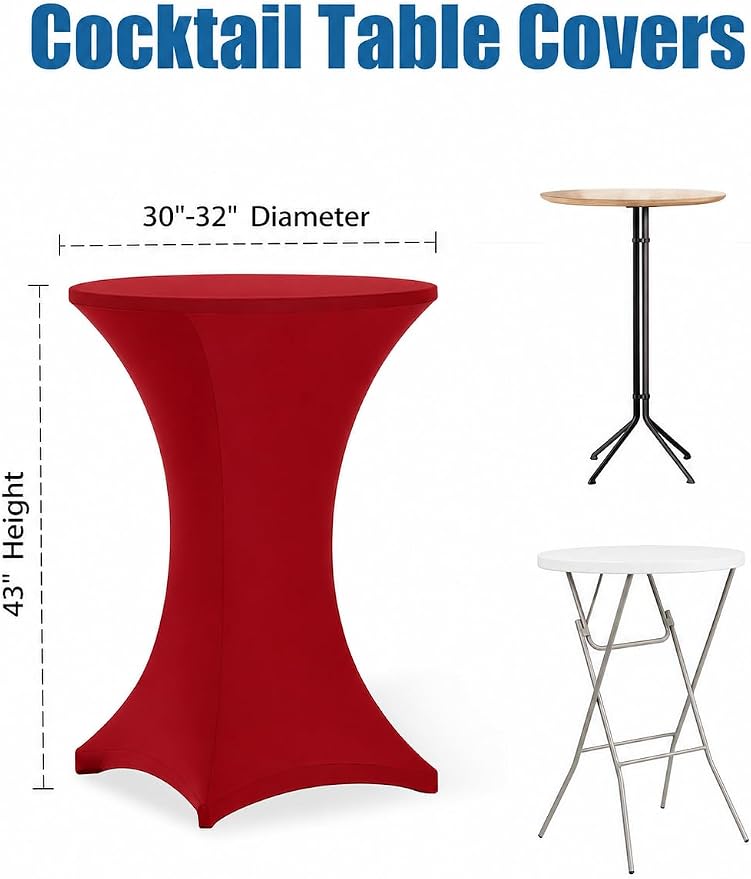 Cocktail Table Covers - 2 Pack 32x43 Inch Table Cloth - Red Fitted Stretch Spandex Round High Top Tablecloth for Party, Bar, Birthday, Pub, Banquet