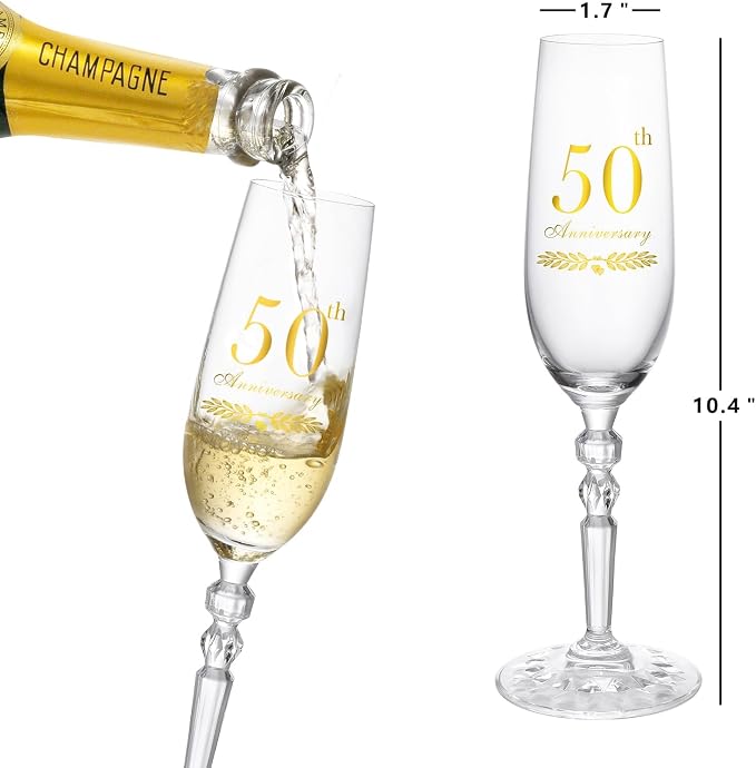 50th Anniversary Decorations Gifts for Couple, Classical Style 50th Wedding Anniversary Champagne Flutes Glasses, Crystal Champagne Glasses Set of 2, Gifts for Parents