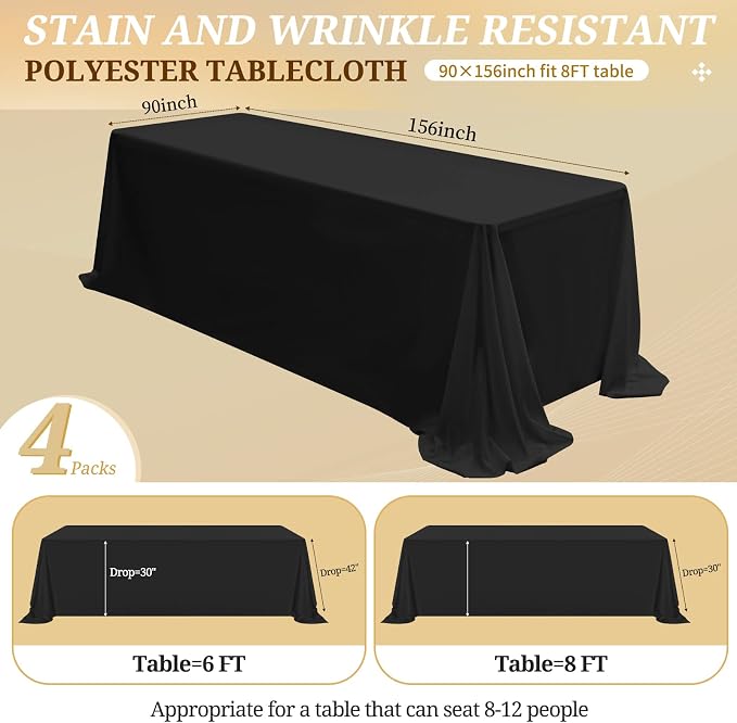 4 Pack Black Tablecloths for 8ft Rectangle Tables 90 x 156 Inch - Polyester Table Cover Stain and Wrinkle Resistant Washable Fabric Table Clothes for Wedding Party Banquet Reception Restaurant