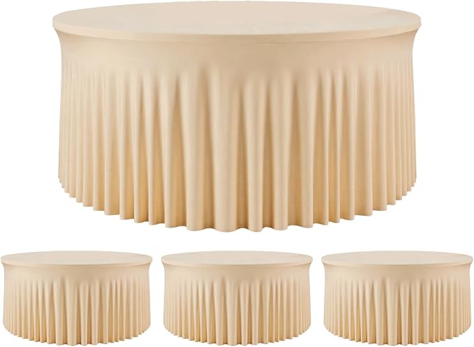 4 Pack Champagne 60inch Round Spandex Tablecloth,Wrinkle-Free Stretchy Fitted 5FT Round Tables,Elastic Edge with Skirt,Washable Table Cloths for Wedding Banquet Party Birthday Buffet