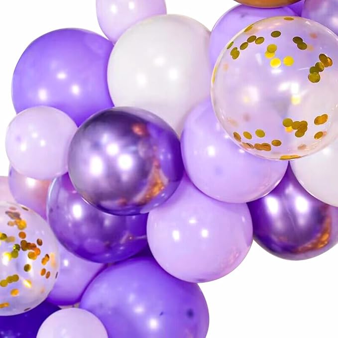 63 PCS Purple Gold Birthday Party Balloons Decoration for Girl Women | with Photo Backgrounds Backdrops, Happy Birthday Sign Banner Cloth, Confetti Balloon