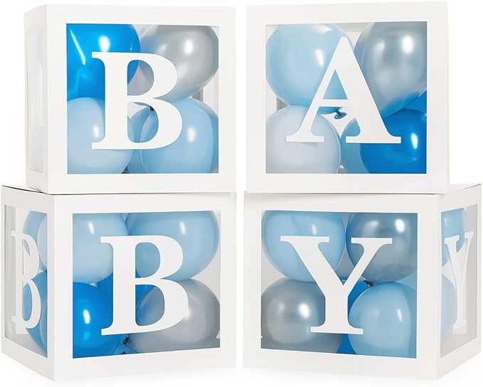 44-Piece Baby Shower Decorations for Boy or Girl - 4 Boxes with Letters and 32 Balloons - Classic White and Blue - Gender Reveal Party Supplies - Photo Shoot Backdrop Prop