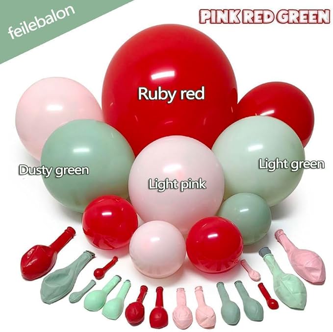Red Pink Green Balloon Arch Double Stuffed Dusty Green, Ruby Red, Pastel Pink Balloon Garland Kit for Cherry on Top Birthday Mothers Day Baby Shower Wedding Summer Party Decoration