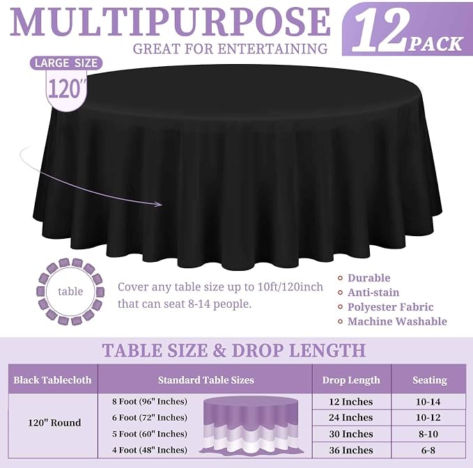Showgeous 12 Pack Black Round Tablecloth - 120 Inch Polyester Table Cloth - Washable Decorative Fabric Table Covers for Wedding, Dining, Party, Banquet, Buffet