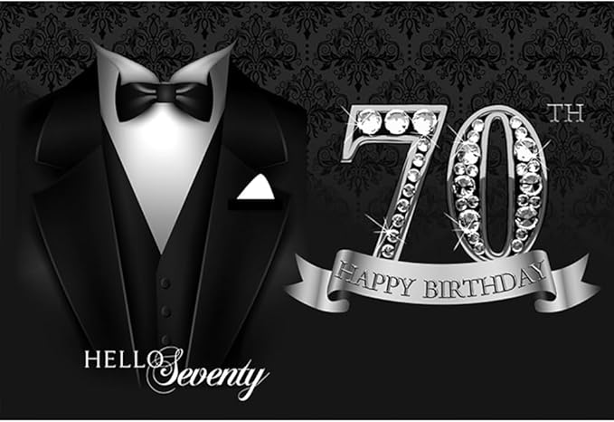 15x10ft Men 70th Birthday Tuxedo Backdrop Black Necktie Suit Tuxedo Silver Diamonds 70th Happy Birthday Photography Background Hello Seventy Father Grandpa Luxury Birthday Party Supplies