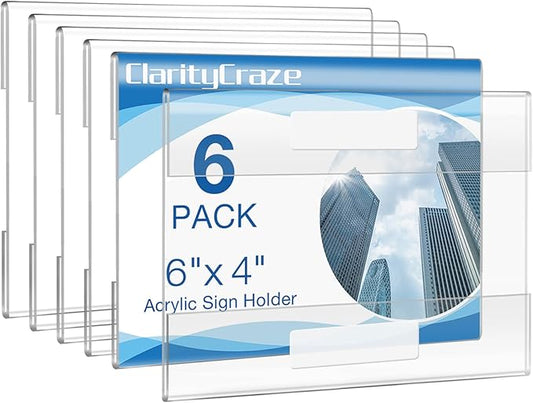 6 Pack Acrylic Wall Sign Holder, 6"x4" Horizontal Wall Mount Clear Plastic Sign Holders with Double-Sided Tape, Wall Sign Memo Document Menu Holder for Office, Home, Store, Restaurant