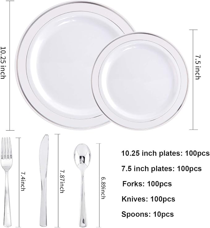 I00000 700 Piece Silver Dinnerware Set for 100 Guests-100 Dinner Plates, 100 Dessert Plates, 100 Disposable Cups 10 oz, 100 Paper Napkins, 100 Plastic Silverware Set Perfect for Party & Wedding