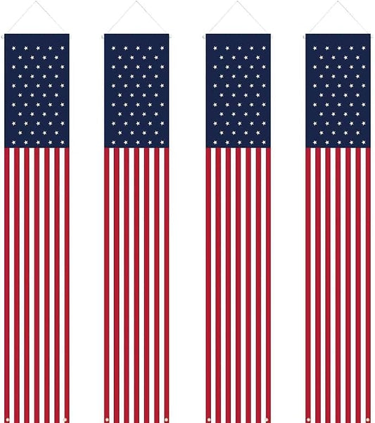 4 PCS Patriotic Decorations 4th of July Decorations Outdoor Hanging American Flag Banners Porch Sign for Veterans Memorial Labor Presidents Flag Election Day